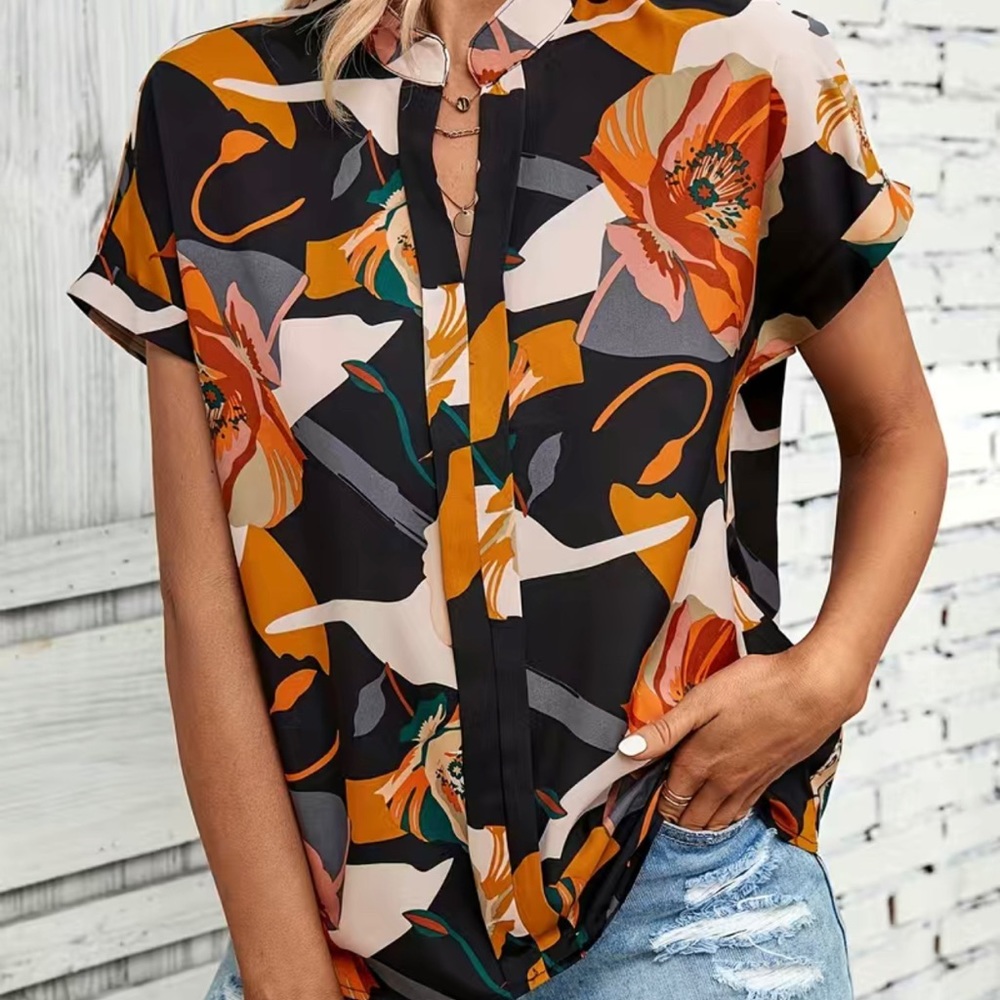 Floral Print Blouse Pink Black Camel Batwing Short Sleeves Women’s Size L